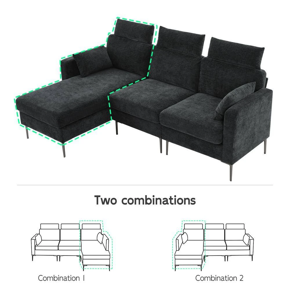 89 In. Square Arm Fabric L Shape Sectional Sofa With Chaise Lounge And Pillow In Carbon Ash 2 89 In. Square Arm Fabric L Shape Sectional Sofa With Chaise Lounge And Pillow In Carbon Ash - Image 2