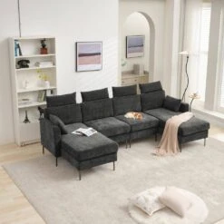 116.53 In. Square Arm Fabric U Shape Sectional Sofa With 2-Chaise Lounge And Pillow In Carbon Ash 13 116.53 In. Square Arm Fabric U Shape Sectional Sofa With 2-Chaise Lounge And Pillow In Carbon Ash -Jearey carbon ash jearey sofas couches xne 2 carbon ash 31 1000