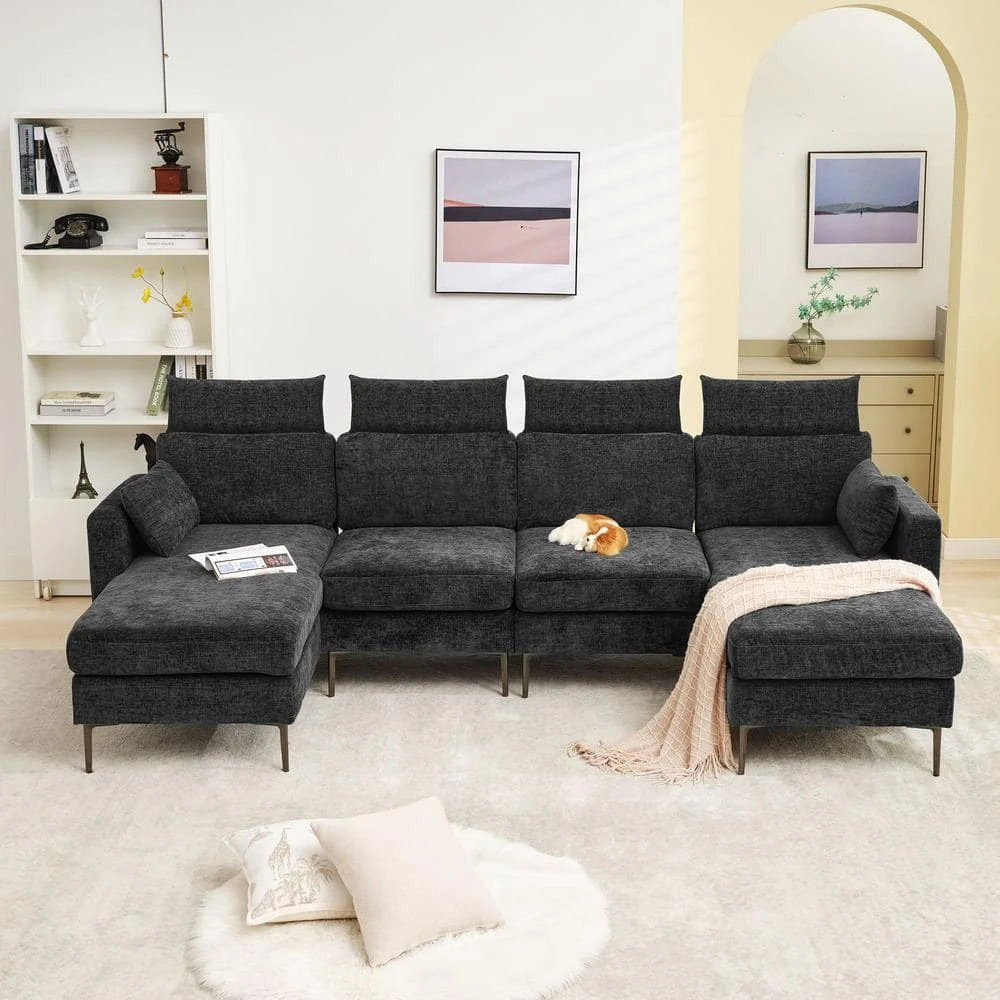 116.53 In. Square Arm Fabric U Shape Sectional Sofa With 2-Chaise Lounge And Pillow In Carbon Ash 6 116.53 In. Square Arm Fabric U Shape Sectional Sofa With 2-Chaise Lounge And Pillow In Carbon Ash - Image 6