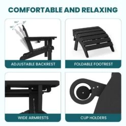 Black Outdoor 5-Piece HDPE Plastic Patio Chat Set, 2-Adirondack Chairs With Side Table And 2-Folding Ottomans -Jearey chat sets cgtjy5jt bk 44 1000