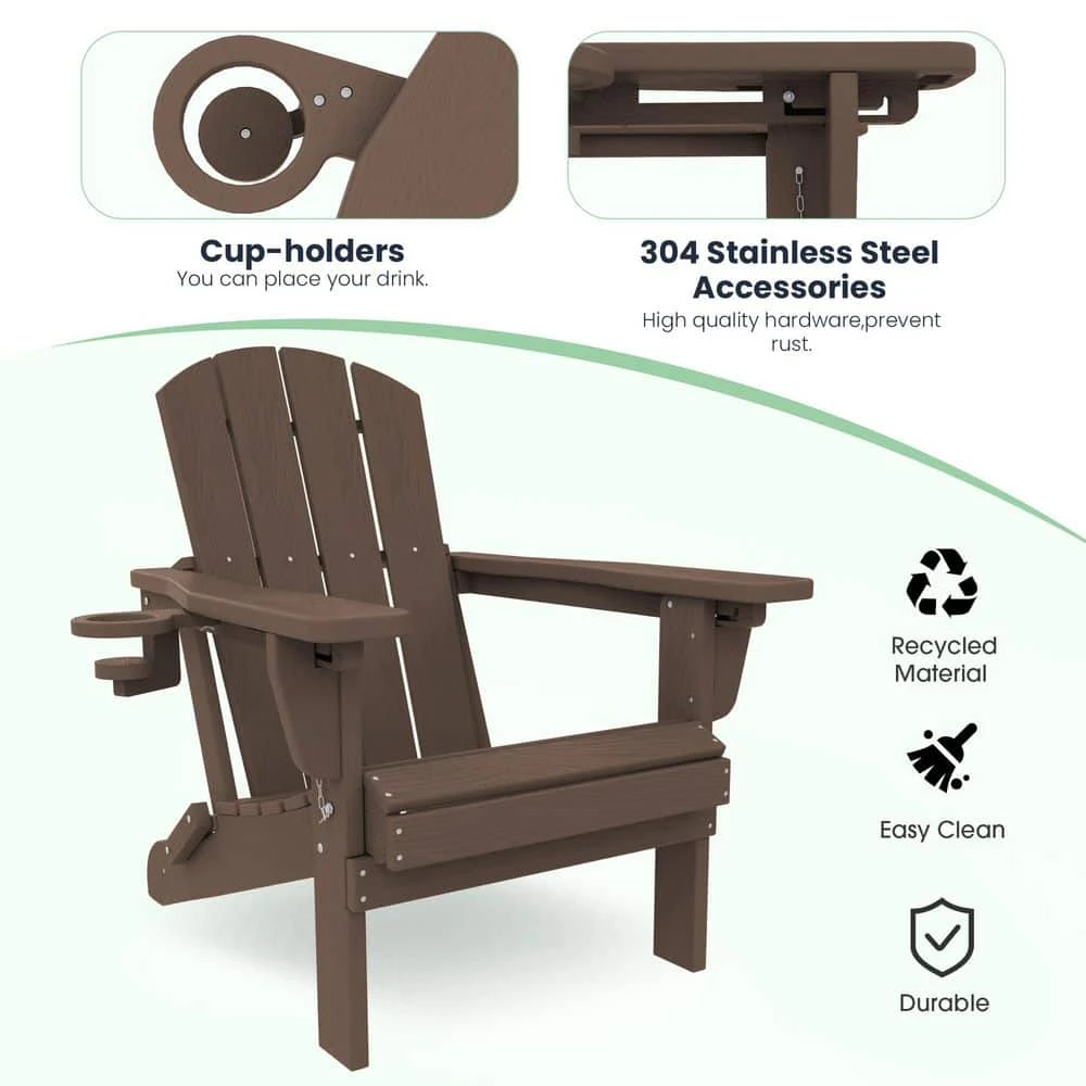 Brown Outdoor 5-Piece HDPE Plastic Patio Chat Set, 2-Adirondack Chairs With Side Table And 2-Folding Ottomans 4 Brown Outdoor 5-Piece HDPE Plastic Patio Chat Set, 2-Adirondack Chairs With Side Table And 2-Folding Ottomans - Image 4
