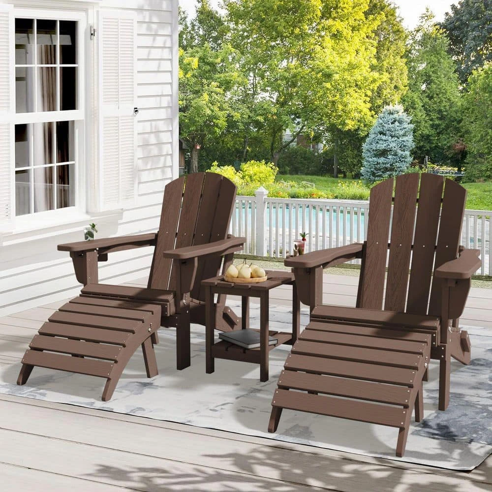 Brown Outdoor 5-Piece HDPE Plastic Patio Chat Set, 2-Adirondack Chairs With Side Table And 2-Folding Ottomans 1 Brown Outdoor 5-Piece HDPE Plastic Patio Chat Set, 2-Adirondack Chairs With Side Table And 2-Folding Ottomans