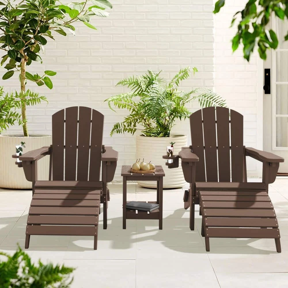 Brown Outdoor 5-Piece HDPE Plastic Patio Chat Set, 2-Adirondack Chairs With Side Table And 2-Folding Ottomans 2 Brown Outdoor 5-Piece HDPE Plastic Patio Chat Set, 2-Adirondack Chairs With Side Table And 2-Folding Ottomans - Image 2