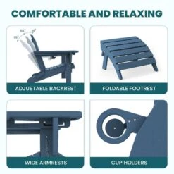 Navy Outdoor 5-Piece HDPE Plastic Patio Chat Set, 2-Adirondack Chairs With Side Table And 2-Folding Ottomans -Jearey chat sets cgtjy5jt ny 44 1000