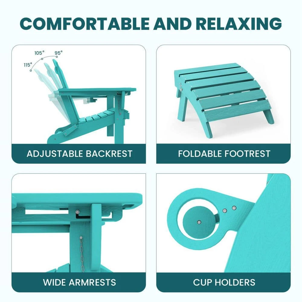 Tiffany Blue Outdoor 5-Piece HDPE Plastic Patio Chat Set, 2-Adirondack Chairs With Side Table And 2-Folding Ottomans 5 Tiffany Blue Outdoor 5-Piece HDPE Plastic Patio Chat Set, 2-Adirondack Chairs With Side Table And 2-Folding Ottomans - Image 5