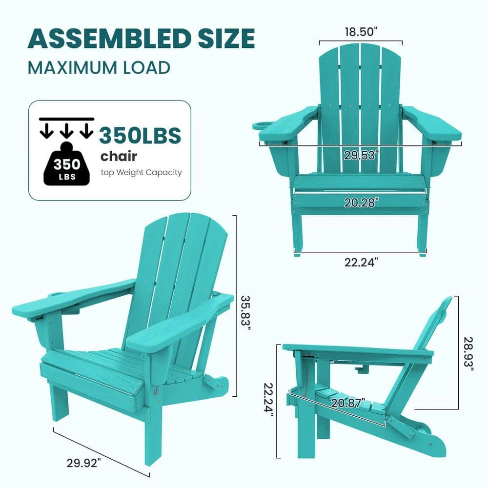 Tiffany Blue Outdoor 5-Piece HDPE Plastic Patio Chat Set, 2-Adirondack Chairs With Side Table And 2-Folding Ottomans 3 Tiffany Blue Outdoor 5-Piece HDPE Plastic Patio Chat Set, 2-Adirondack Chairs With Side Table And 2-Folding Ottomans - Image 3