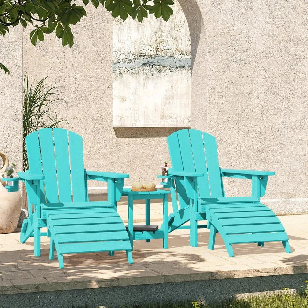 Tiffany Blue Outdoor 5-Piece HDPE Plastic Patio Chat Set, 2-Adirondack Chairs With Side Table And 2-Folding Ottomans 1 Tiffany Blue Outdoor 5-Piece HDPE Plastic Patio Chat Set, 2-Adirondack Chairs With Side Table And 2-Folding Ottomans
