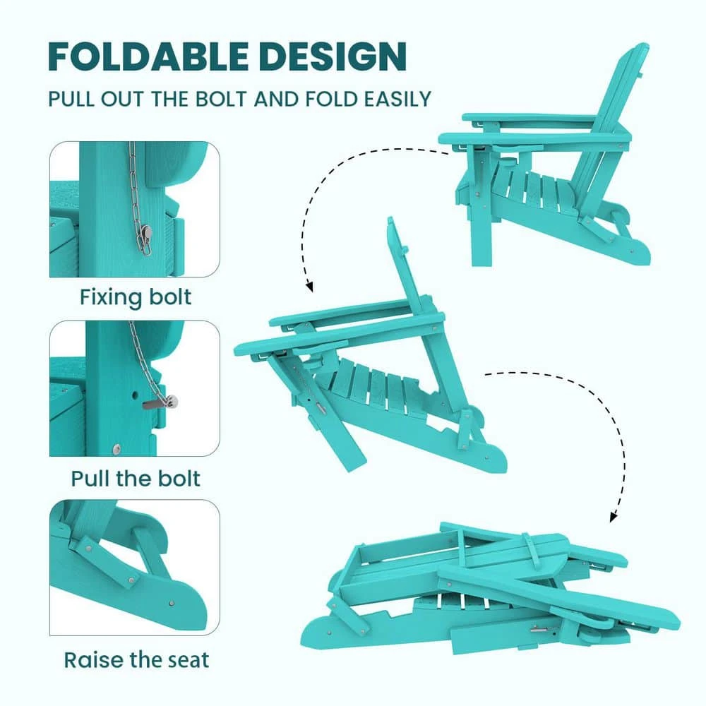 Tiffany Blue Outdoor 5-Piece HDPE Plastic Patio Chat Set, 2-Adirondack Chairs With Side Table And 2-Folding Ottomans 6 Tiffany Blue Outdoor 5-Piece HDPE Plastic Patio Chat Set, 2-Adirondack Chairs With Side Table And 2-Folding Ottomans - Image 6