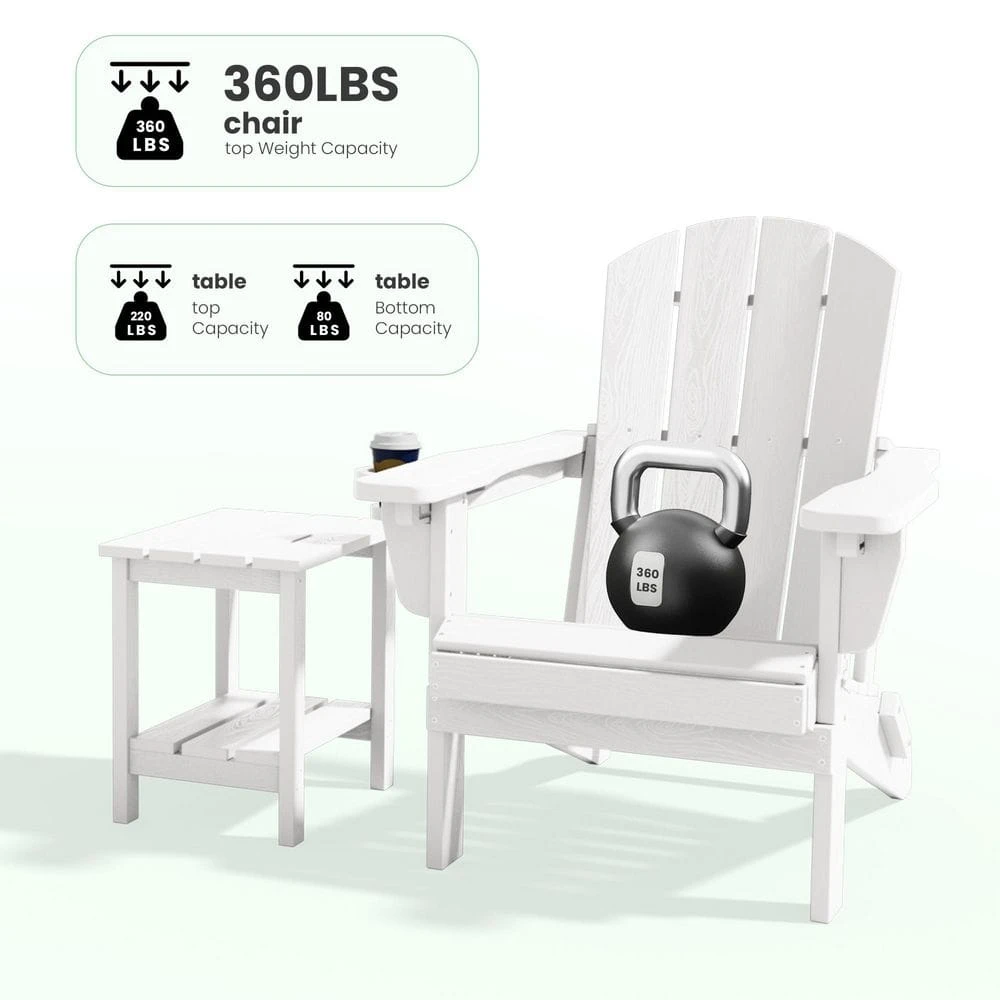 White Outdoor 5-Piece HDPE Plastic Patio Chat Set, 2-Adirondack Chairs With Side Table And 2-Folding Ottomans 5 White Outdoor 5-Piece HDPE Plastic Patio Chat Set, 2-Adirondack Chairs With Side Table And 2-Folding Ottomans - Image 5