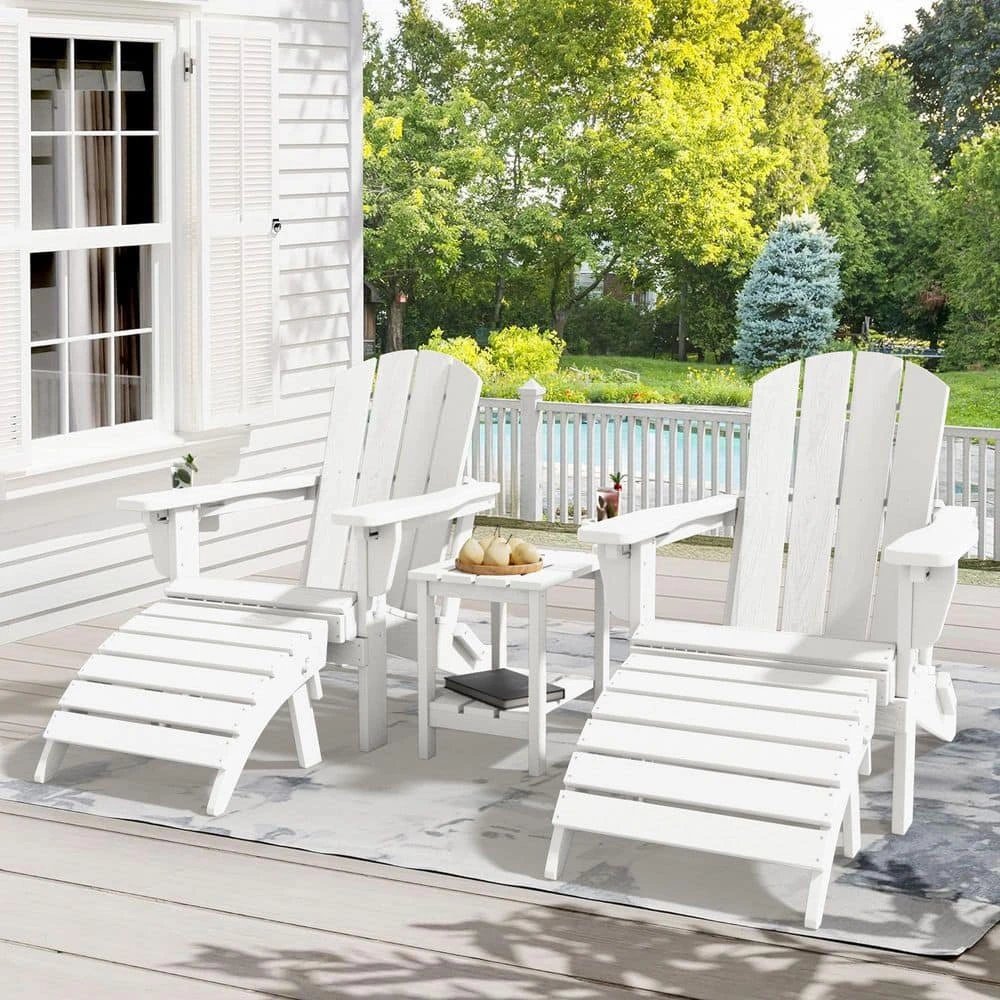 White Outdoor 5-Piece HDPE Plastic Patio Chat Set, 2-Adirondack Chairs With Side Table And 2-Folding Ottomans 1 White Outdoor 5-Piece HDPE Plastic Patio Chat Set, 2-Adirondack Chairs With Side Table And 2-Folding Ottomans