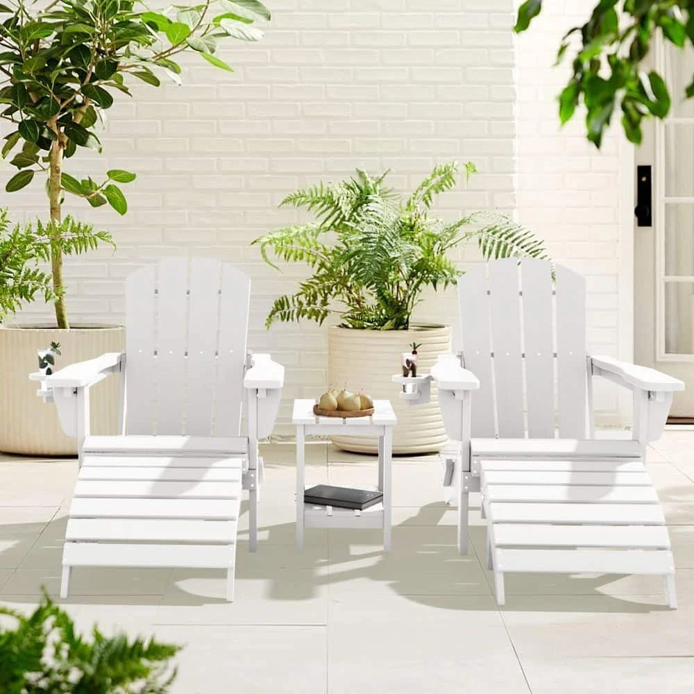 White Outdoor 5-Piece HDPE Plastic Patio Chat Set, 2-Adirondack Chairs With Side Table And 2-Folding Ottomans 2 White Outdoor 5-Piece HDPE Plastic Patio Chat Set, 2-Adirondack Chairs With Side Table And 2-Folding Ottomans - Image 2
