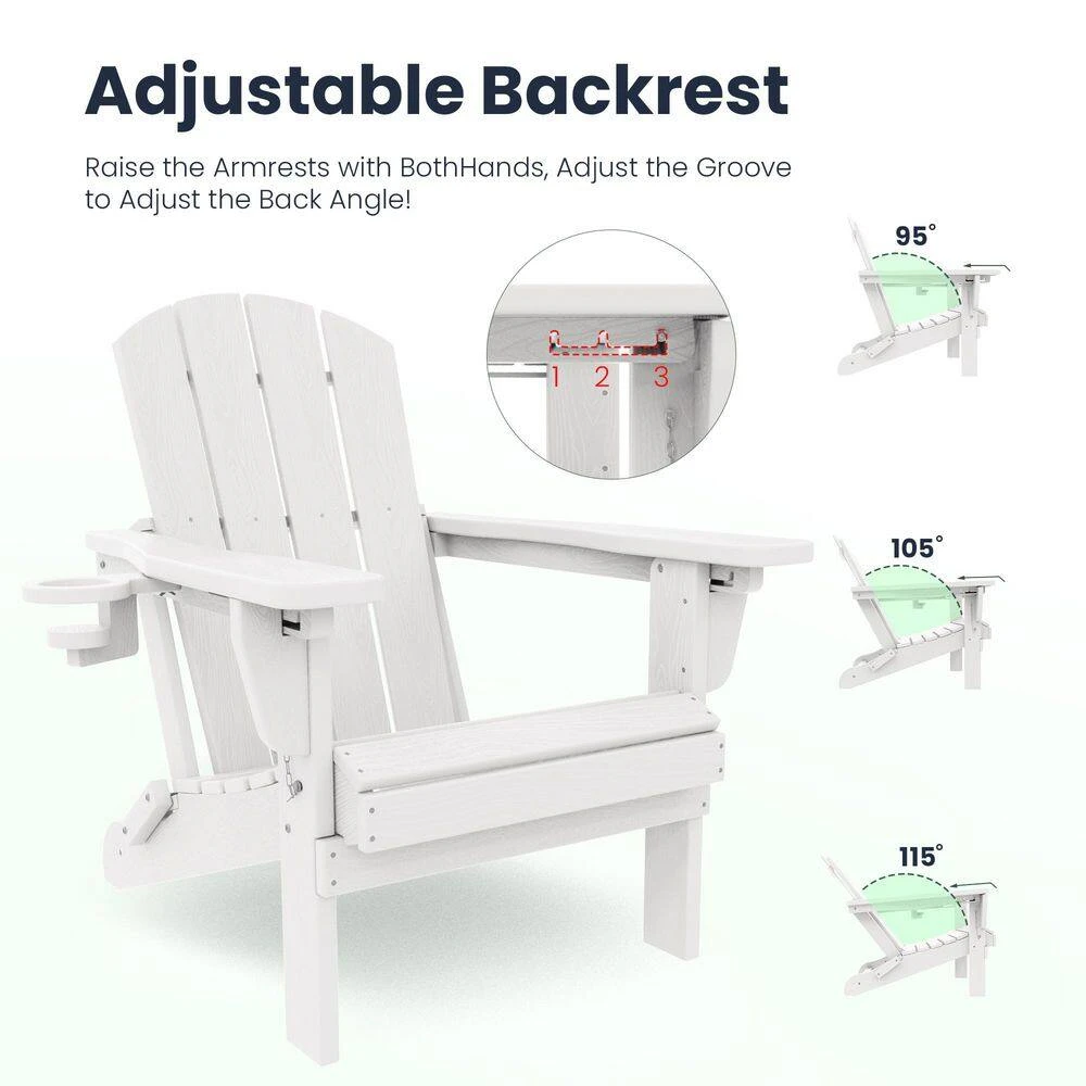 White Outdoor 5-Piece HDPE Plastic Patio Chat Set, 2-Adirondack Chairs With Side Table And 2-Folding Ottomans 6 White Outdoor 5-Piece HDPE Plastic Patio Chat Set, 2-Adirondack Chairs With Side Table And 2-Folding Ottomans - Image 6