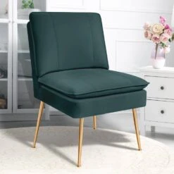 Dark Green 1-Piece Armless Upholstered Leisure Tight Back Accent Side Chair With Cushion -Jearey dark green jearey ottomans e11xxy hd dg 1f 1000