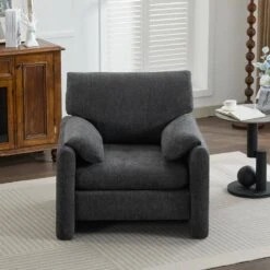 Modern Dark Grey Chenille Oversized Wood Accent Outdoor And Indoor Lounge Chair With Armrest Cushion For Living Room -Jearey dark grey jearey accent chairs e13puzy hd bk c3 1000