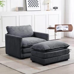 Modern Dark Grey Corduroy Accent Armchair With Ottoman For Living