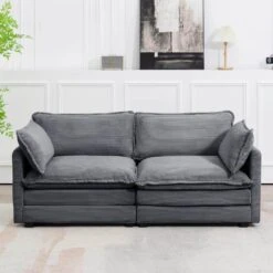 Modern Dark Grey 76.77 In. 2 Seat Corduroy Velvet Loveseat With Two Pillows Cushions For Living