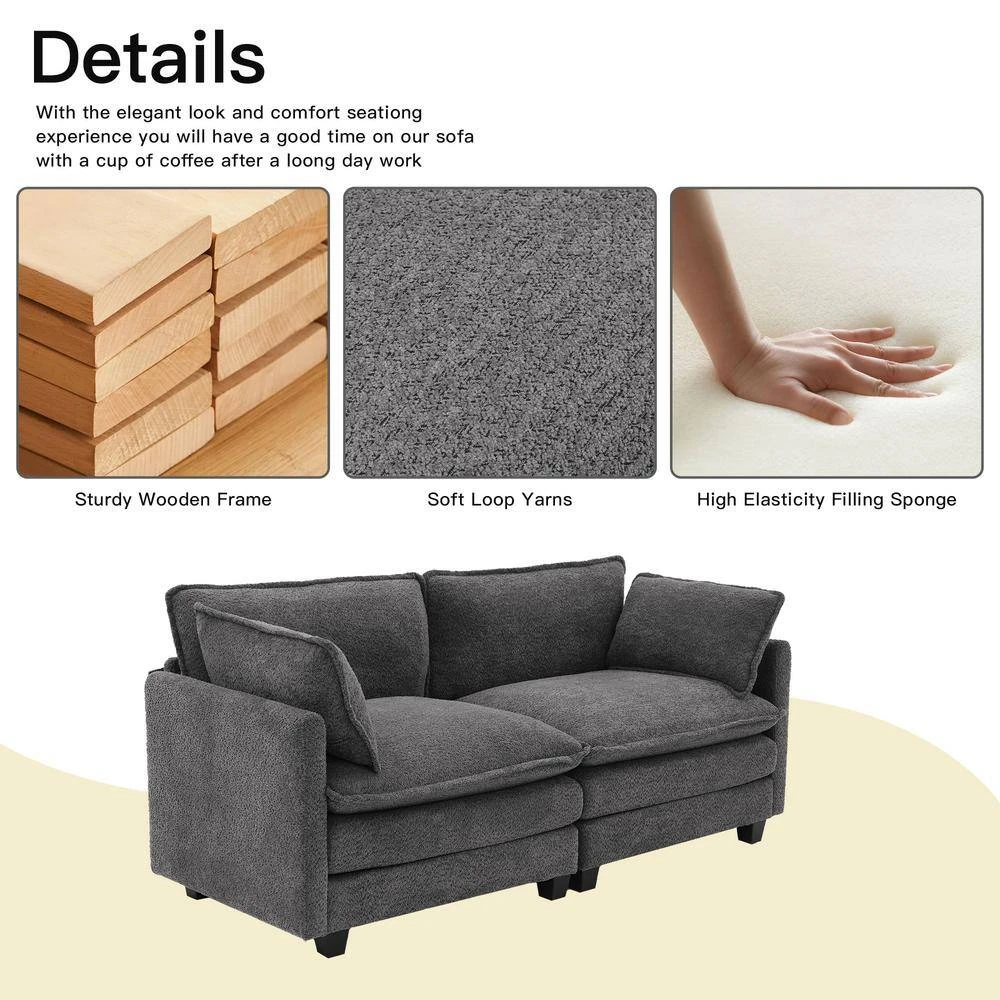 Modern 76.77 In. Dark Grey Looped Velvet Loveseat With Two Pillows For Living 5 Modern 76.77 In. Dark Grey Looped Velvet Loveseat With Two Pillows For Living - Image 5