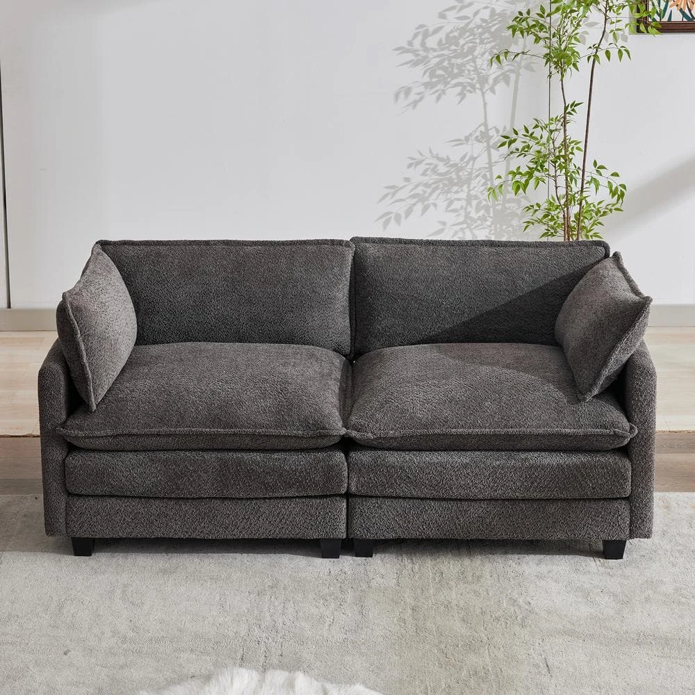 Modern 76.77 In. Dark Grey Looped Velvet Loveseat With Two Pillows For Living 1 Modern 76.77 In. Dark Grey Looped Velvet Loveseat With Two Pillows For Living