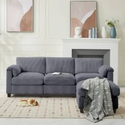 85.37 In. Corduroy Modular Rectangular Dark Grey Sectional Sofa With Ottoman For Living Room And Spacious Space -Jearey dark grey jearey sectional sofas dxrzjsf4 dark grey 1f 1000