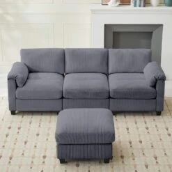 85.37 In. Corduroy Modular Rectangular Dark Grey Sectional Sofa With Ottoman For Living Room And Spacious Space -Jearey dark grey jearey sectional sofas dxrzjsf4 dark grey c3 1000