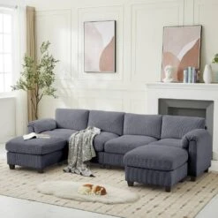 114.96 In Corduroy Modular U-Shaped Dark Grey Sectional Sofa With 2-Ottomans For Living Room And Spacious Space -Jearey dark grey jearey sectional sofas dxrzjsf6 dark grey 31 1000