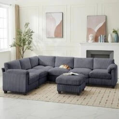 115 In. Corduroy Modular L-Shaped Dark Grey 7-Seat Sectional Sofa For Living Room And Spacious Space -Jearey dark grey jearey sectional sofas dxrzjsf7 dark grey 31 1000