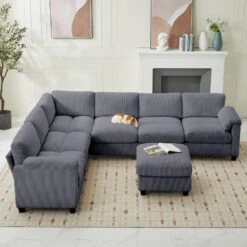 115 In. Corduroy Modular L-Shaped Dark Grey 7-Seat Sectional Sofa For Living Room And Spacious Space