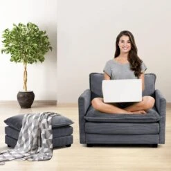 112 In. W 4-Piece Modern Straight Arm Corduroy Fabric L-Shaped Sectional Sofa With Ottoman In Dark Grey -Jearey dark grey jearey sectional sofas e46sf 3 dr 1f 1000