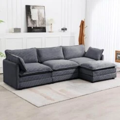 112 In. W 4-Piece Modern Straight Arm Corduroy Fabric L-Shaped Sectional Sofa With Ottoman In Dark Grey -Jearey dark grey jearey sectional sofas e46sf 3 dr 31 1000