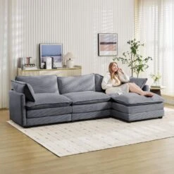 112 In. W 4-Piece Modern Straight Arm Corduroy Fabric L-Shaped Sectional Sofa With Ottoman In Dark Grey -Jearey dark grey jearey sectional sofas e46sf 3 dr 4f 1000