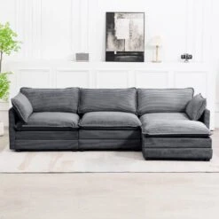112 In. W 4-Piece Modern Straight Arm Corduroy Fabric L-Shaped Sectional Sofa With Ottoman In Dark Grey