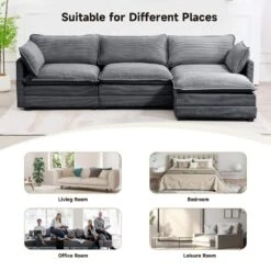 112 In. W 4-Piece Modern Straight Arm Corduroy Fabric L-Shaped Sectional Sofa With Ottoman In Dark Grey -Jearey dark grey jearey sectional sofas e46sf 3 dr 66 1000