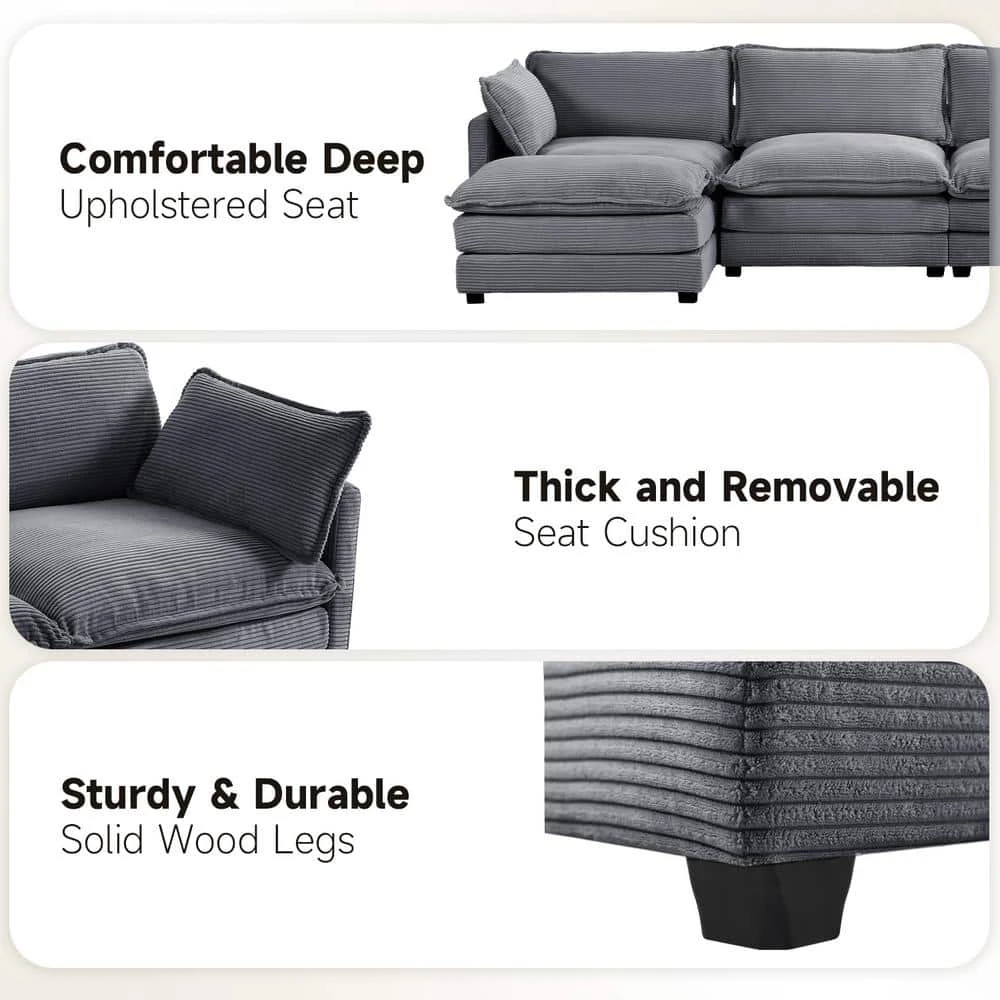147 In. W 6-Piece Modern Fabric Sectional Sofa With Ottoman In Dark Grey 8 147 In. W 6-Piece Modern Fabric Sectional Sofa With Ottoman In Dark Grey - Image 8