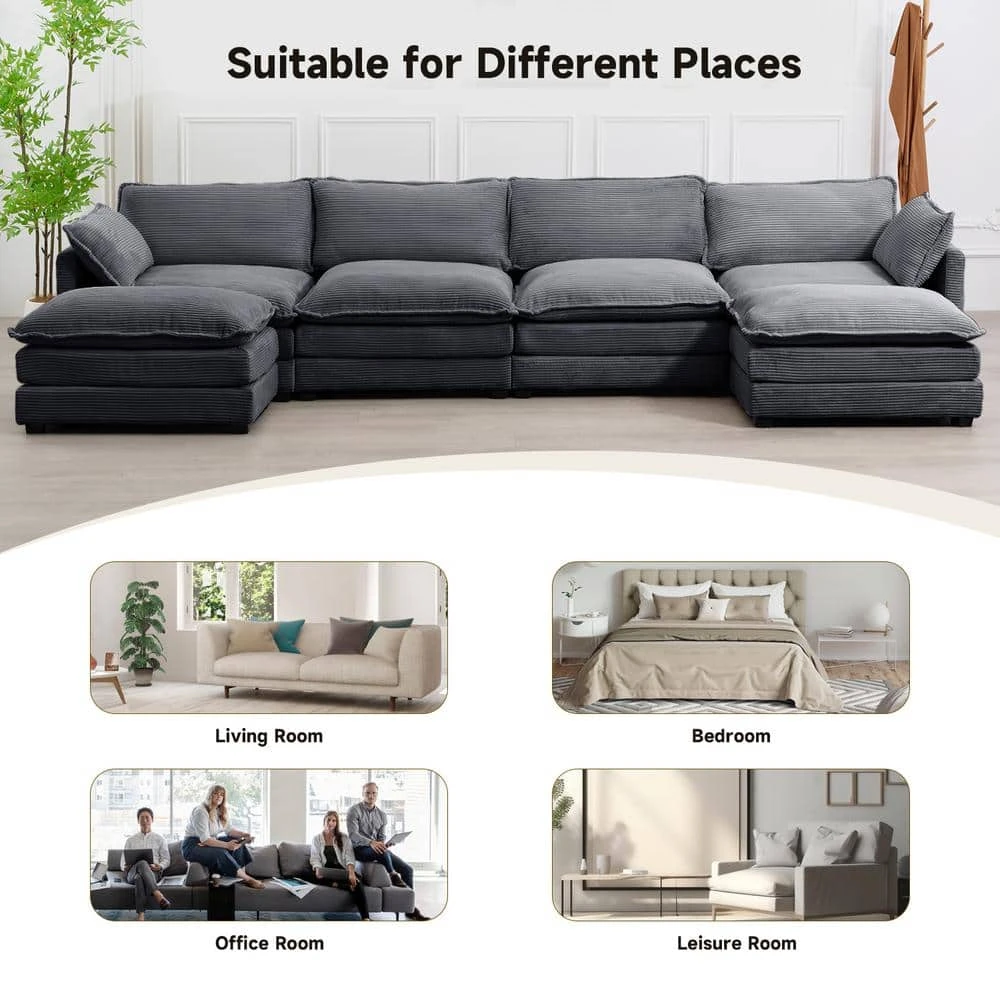 147 In. W 6-Piece Modern Fabric Sectional Sofa With Ottoman In Dark Grey 4 147 In. W 6-Piece Modern Fabric Sectional Sofa With Ottoman In Dark Grey - Image 4