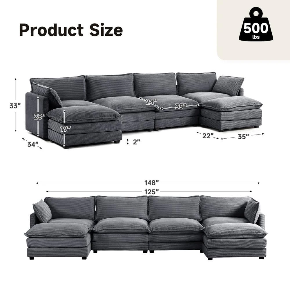 147 In. W 6-Piece Modern Fabric Sectional Sofa With Ottoman In Dark Grey 5 147 In. W 6-Piece Modern Fabric Sectional Sofa With Ottoman In Dark Grey - Image 5