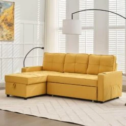 82.3 In. Gold Multi-functional Fabric Queen Size Sofa Bed With Cup Holder USB Port And Side Pockets -Jearey gold jearey sofa beds rmlc golden 1f 1000
