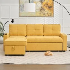 82.3 In. Gold Multi-functional Fabric Queen Size Sofa Bed With Cup Holder USB Port And Side Pockets -Jearey gold jearey sofa beds rmlc golden 31 1000
