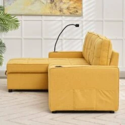 82.3 In. Gold Multi-functional Fabric Queen Size Sofa Bed With Cup Holder USB Port And Side Pockets -Jearey gold jearey sofa beds rmlc golden 44 1000