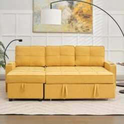 82.3 In. Gold Multi-functional Fabric Queen Size Sofa Bed With Cup Holder USB Port And Side Pockets -Jearey gold jearey sofa beds rmlc golden 4f 1000