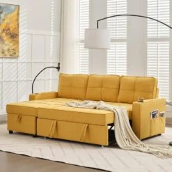 82.3 In. Gold Multi-functional Fabric Queen Size Sofa Bed With Cup Holder USB Port And Side Pockets
