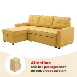 82.3 In. Gold Multi-functional Fabric Queen Size Sofa Bed With Cup Holder USB Port And Side Pockets -Jearey gold jearey sofa beds rmlc golden 66 1000