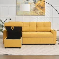 82.3 In. Gold Multi-functional Fabric Queen Size Sofa Bed With Cup Holder USB Port And Side Pockets -Jearey gold jearey sofa beds rmlc golden c3 1000