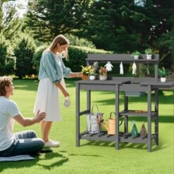 40.94 In. W X 47.24 In. H Gray HDPE Weather-Resistant Garden Potting Bench Table With Storage Shelf -Jearey gray jearey potting benches and tables yygzt gr 31 1000