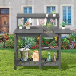 40.94 In. W X 47.24 In. H Gray HDPE Weather-Resistant Garden Potting Bench Table With Storage Shelf