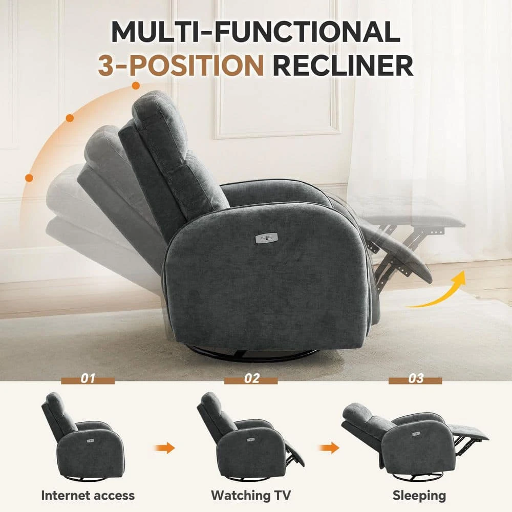 Chenille Gray 3-Position Swivel Power Nursery Recliner With USB And Induction Light Strip For Living Room 4 Chenille Gray 3-Position Swivel Power Nursery Recliner With USB And Induction Light Strip For Living Room - Image 4