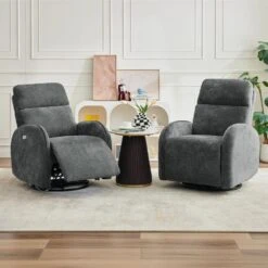 Chenille Gray 3-Position Swivel Power Nursery Recliner With USB And Induction Light Strip For Living Room (Set Of 2) -Jearey gray jearey recliners rc sw burgundy 31 1000