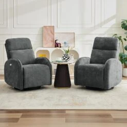 Chenille Gray 3-Position Swivel Power Nursery Recliner With USB And Induction Light Strip For Living Room (Set Of 2)