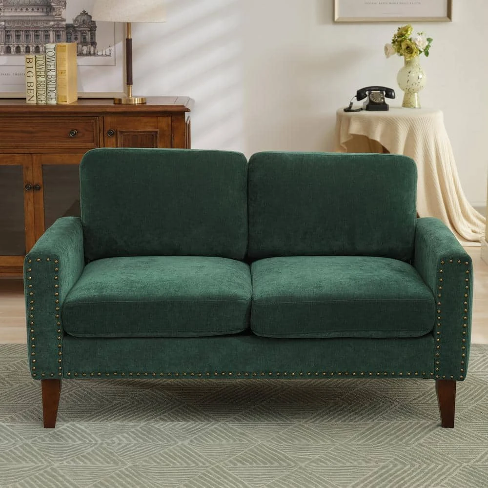 Sanfe 57 In. Green Solid Fabric 2-Seat Loveseat With Nailhead 1 Sanfe 57 In. Green Solid Fabric 2-Seat Loveseat With Nailhead