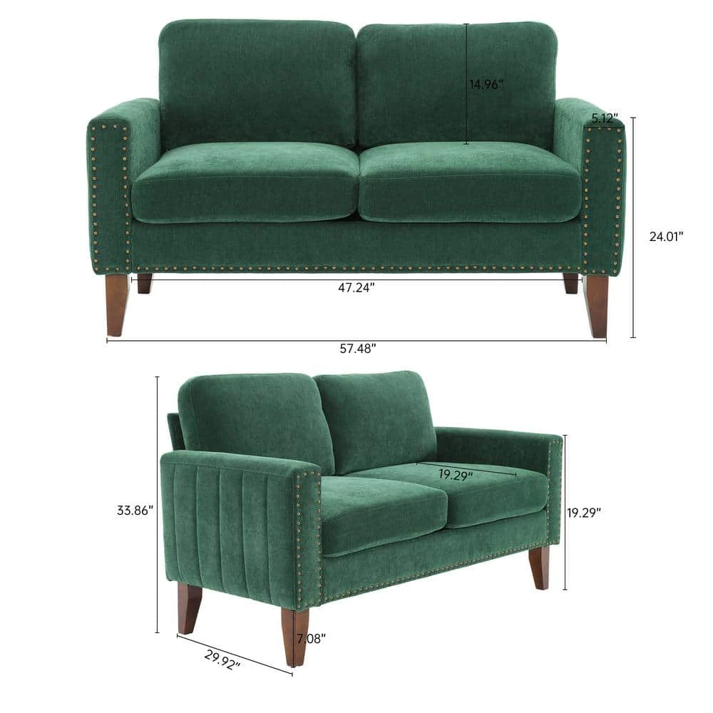 Sanfe 57 In. Green Solid Fabric 2-Seat Loveseat With Nailhead 2 Sanfe 57 In. Green Solid Fabric 2-Seat Loveseat With Nailhead - Image 2