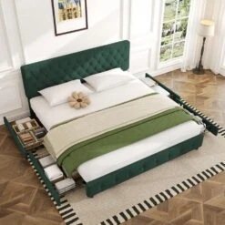 Green King Linen Upholstered Storage Platform Bed Frame With Headboard -Jearey green jearey platform beds e11xxy 2 gy 31 1000